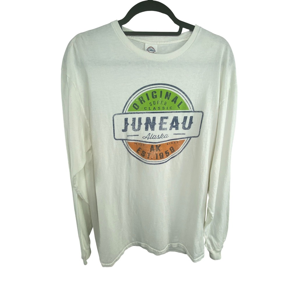 Delta Mens Juneau Alaska Long Sleeve Shirt L White VTG Graphic Pacific Northwest